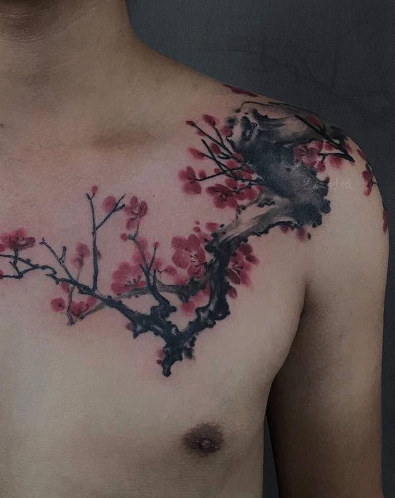 梅花纹身图片_胸部手臂中国风艺奴刺域纹身图案