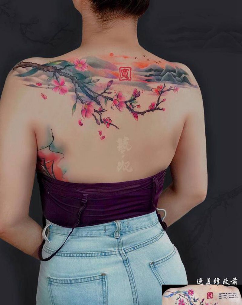修改遮盖背部纹身图片_背部艺奴刺域纹身图案