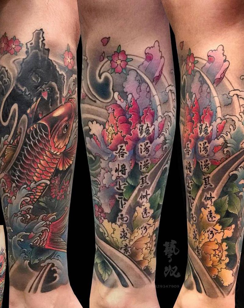 传统小腿纹身图片_腿部牡丹锦鲤纹身图案