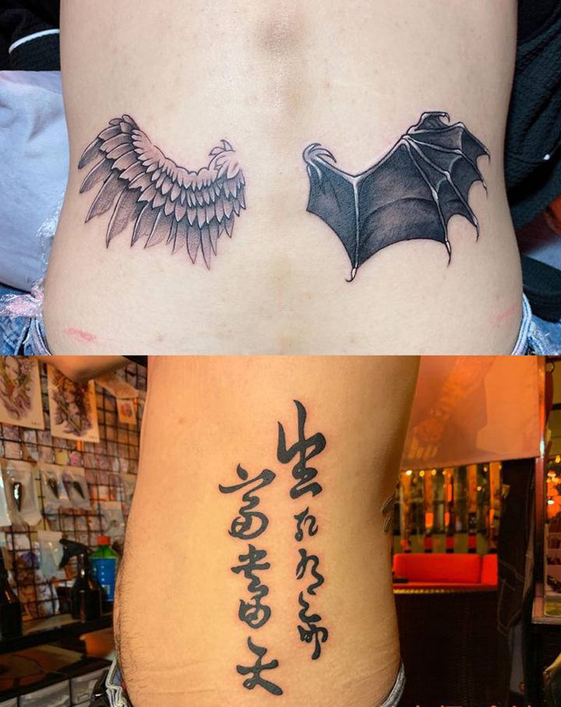 翅膀与汉字纹身图片_腰部腹部纹身图案