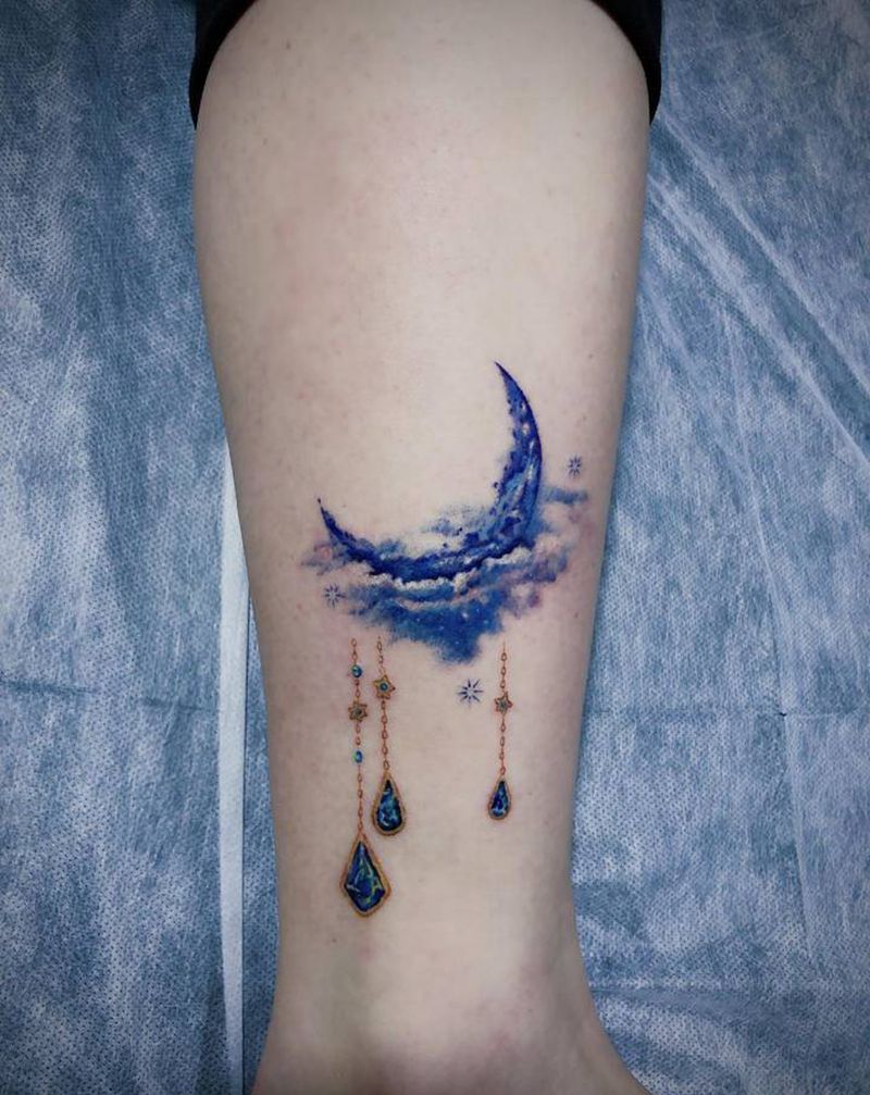 原创设计月亮纹身图片_腿部水彩纹身图案