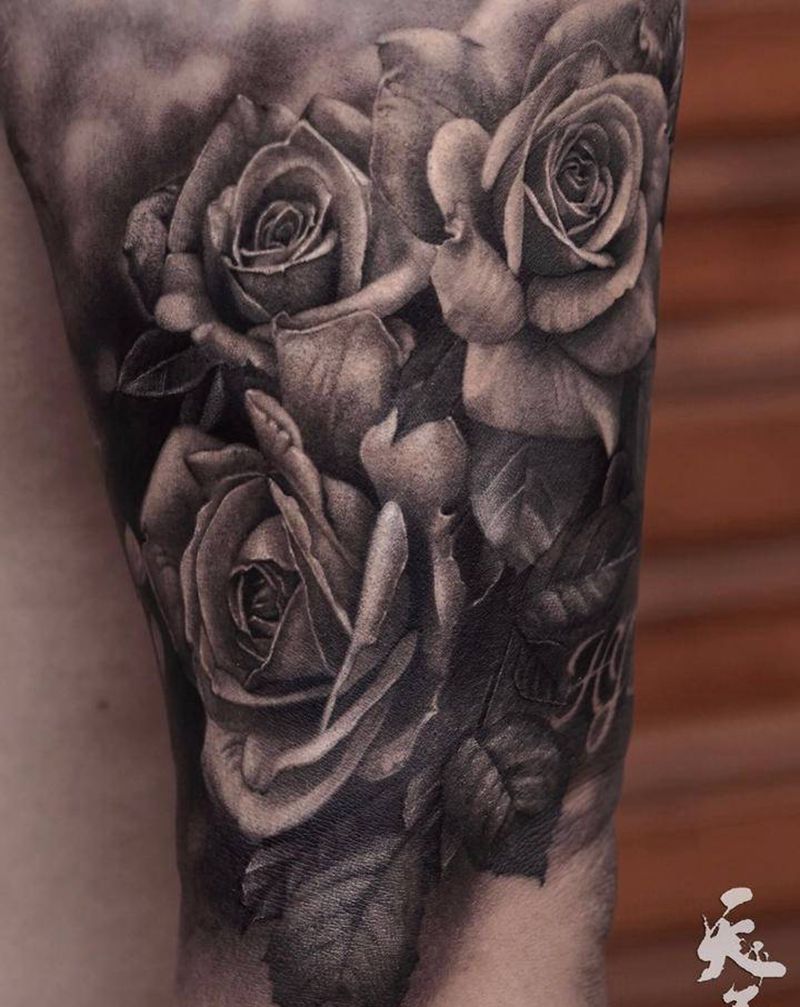 西安天予刺青写实作品纹身图片_手臂欧美写实老虎玫瑰纹身图案