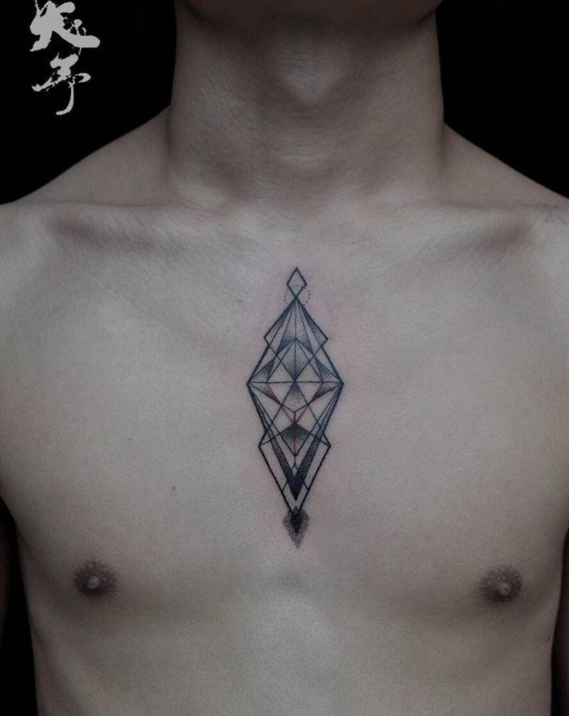 西安天予刺青黑灰作品纹身图片_胸部点刺几何纹身图案