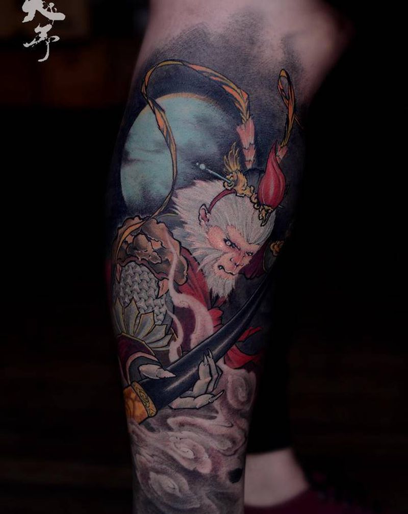 西安天予刺青传统作品纹身图片_腿部新传统悟空祥云纹身图案