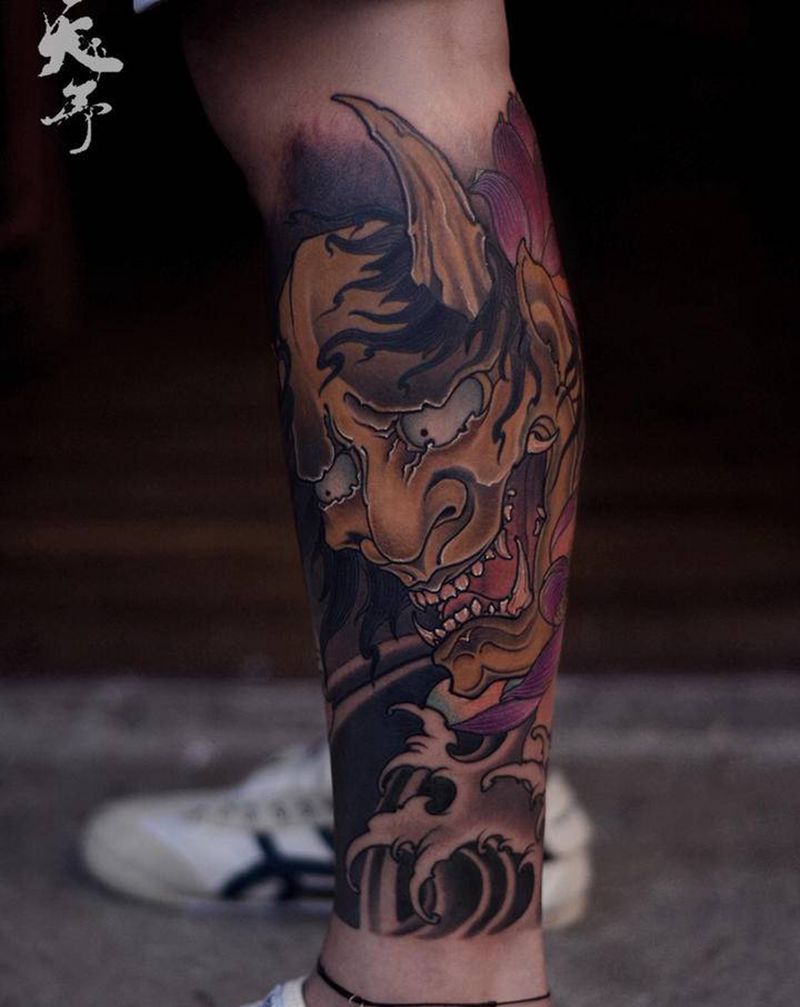 西安天予刺青传统作品纹身图片_腿部新传统纹身图案