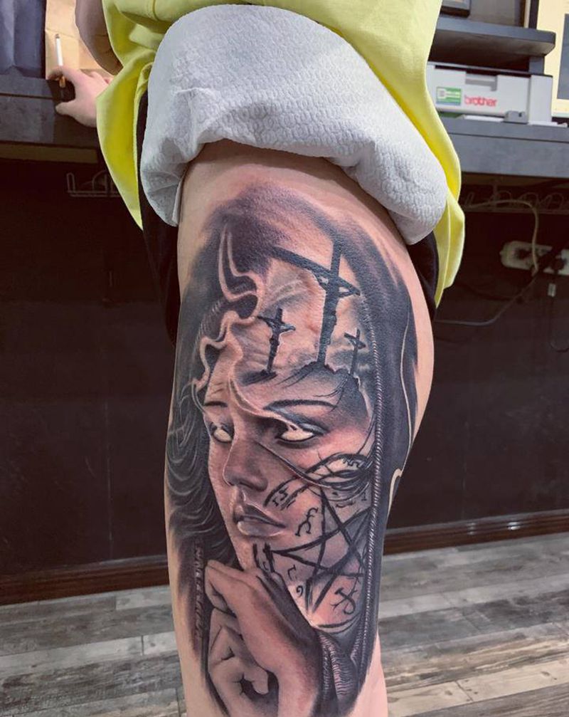 欧美写实纹身图片_腿部欧美写实纹身图案