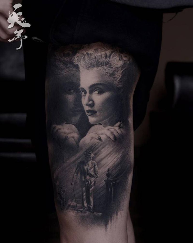 西安天予刺青写实作品纹身图片_腿部欧美写实纹身图案