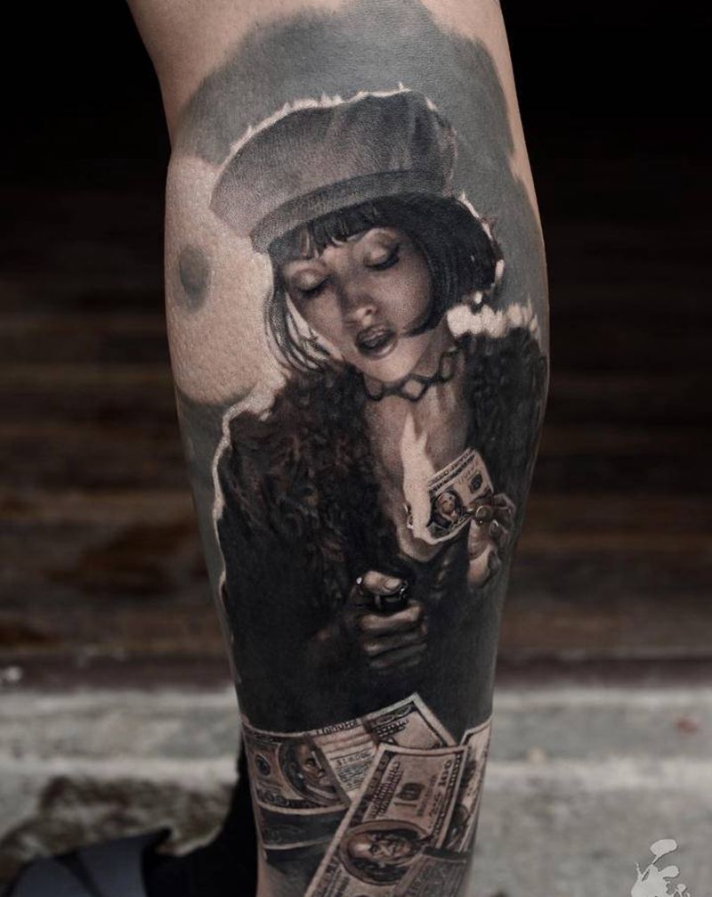 西安天予刺青写实作品纹身图片_腿部欧美写实纹身图案