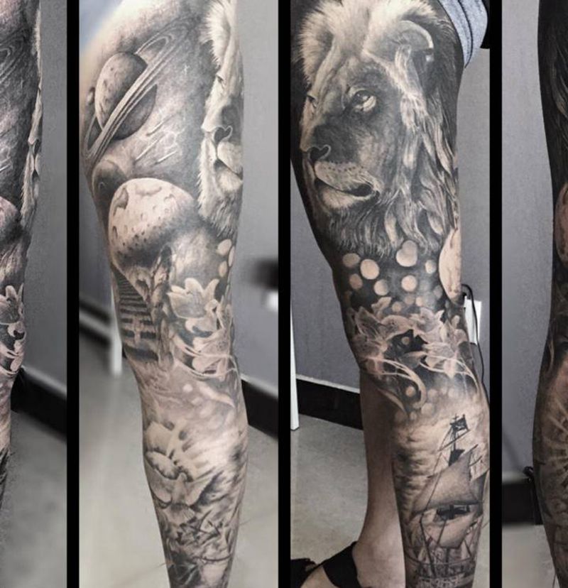 欧美花腿狮子纹身图片_腿部臀部欧美写实狮子星空 帆船纹身图案