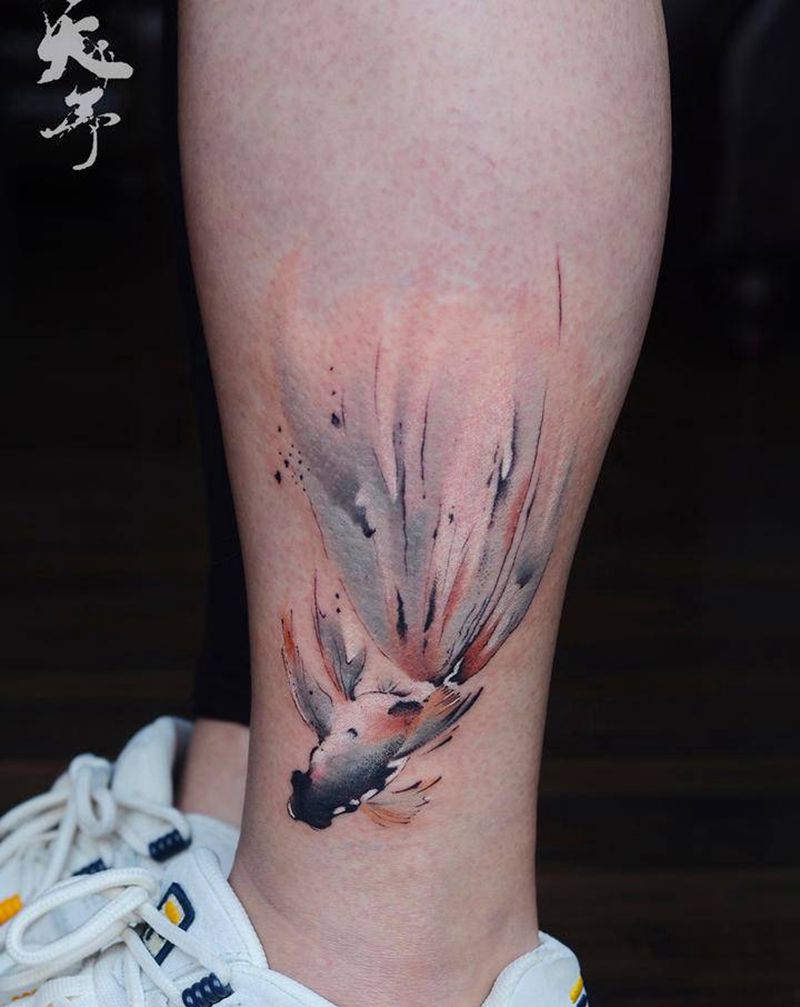 西安天予刺青彩色作品纹身图片_腿部水彩纹身图案