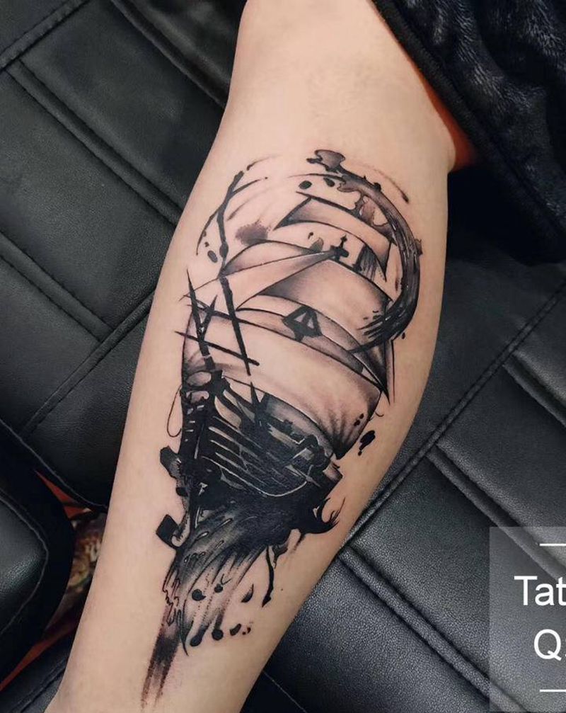 帆船⛵️纹身图片_腿部纹身图案