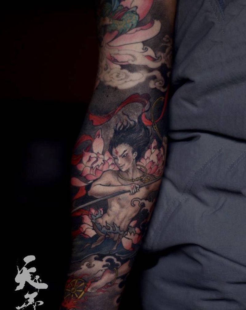哪吒闹海纹身图片_手臂新传统纹身图案