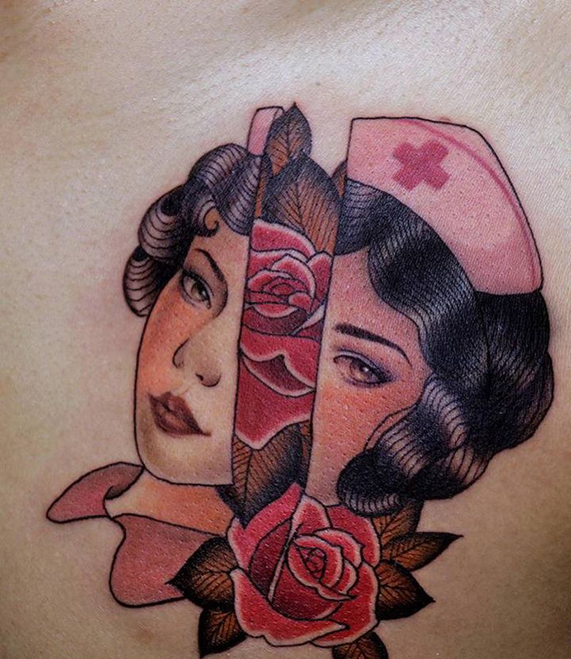 护士与玫瑰纹身图片_胸部Old SchoolNew School纹身图案