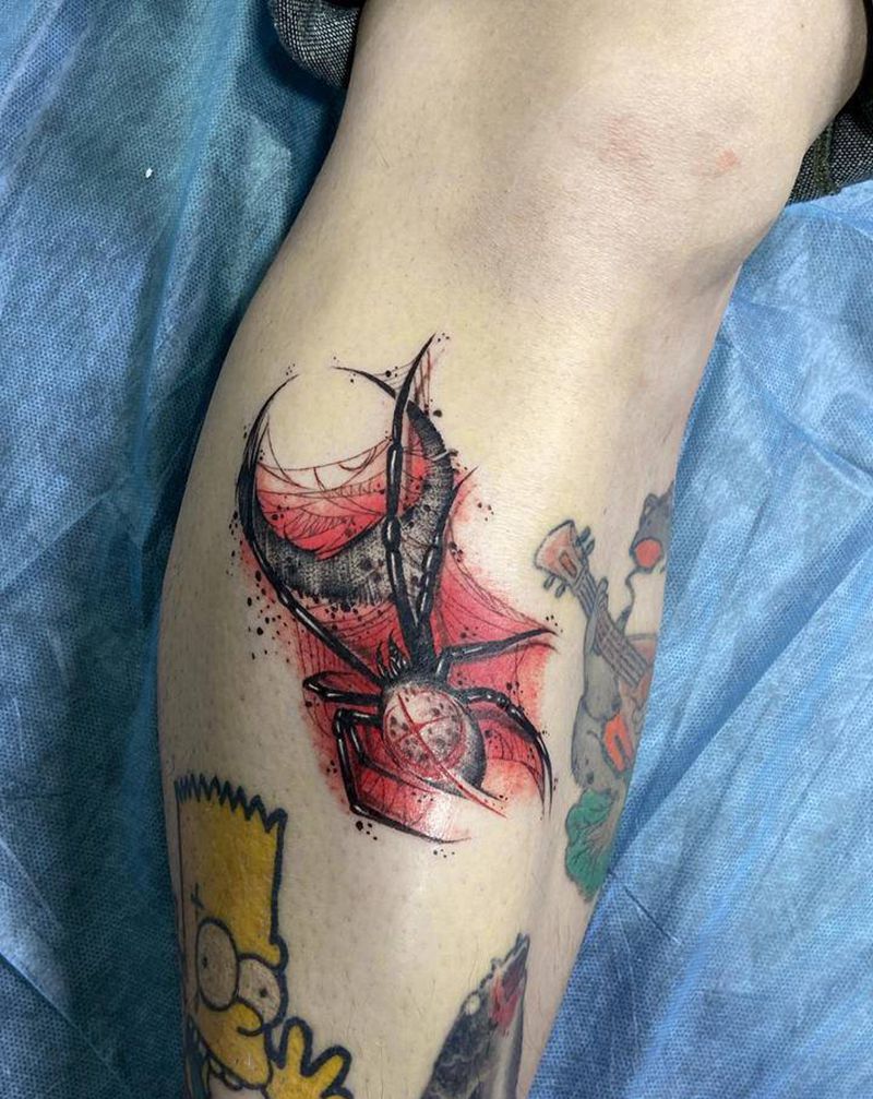 大几居纹身图片_腿部脚部点刺花体字蜘蛛暗黑纹身图案