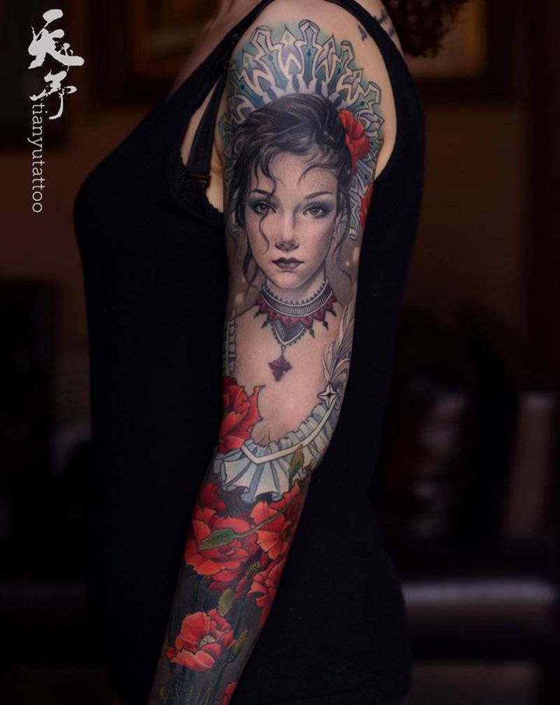 罂粟花大妞包臂纹身图片_手臂New School纹身图案