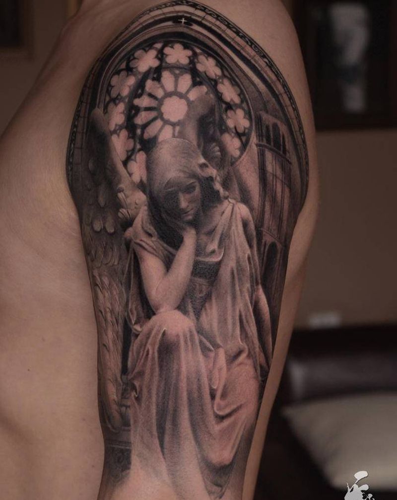 写实天使纹身图片_手臂欧美写实纹身图案