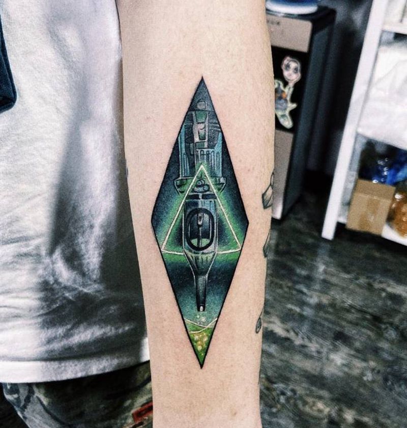 一体针纹身图片_手臂手部几何水彩师针机纹身图案