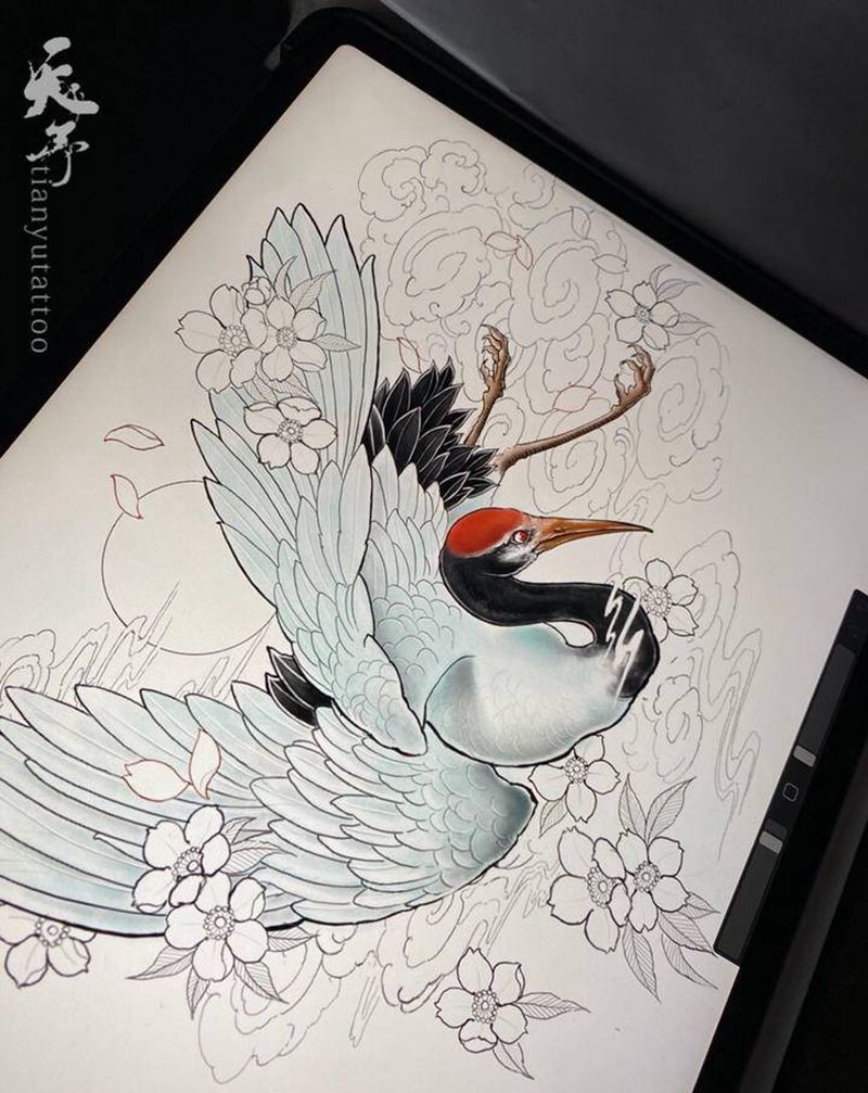 客稿仙鹤。纹身图片_新传统纹身图案