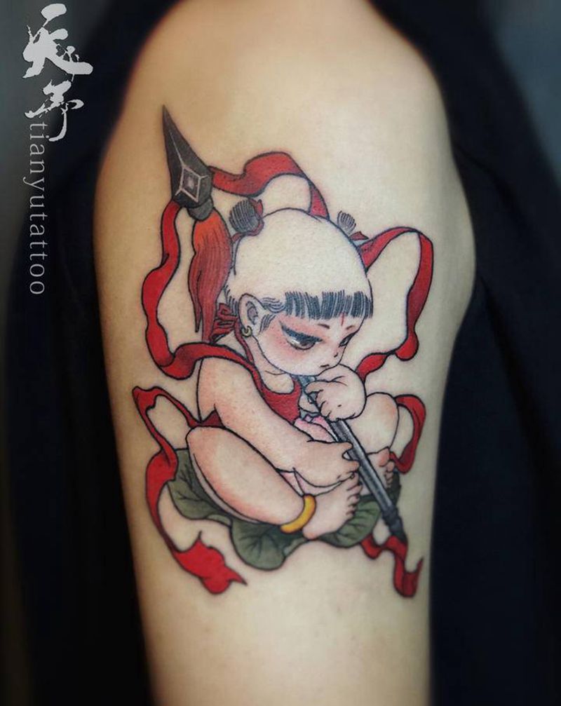 小哪吒，未完成纹身图片_手臂纹身图案