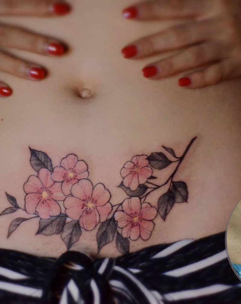 疤痕遮盖纹身图片_腹部纹身图案