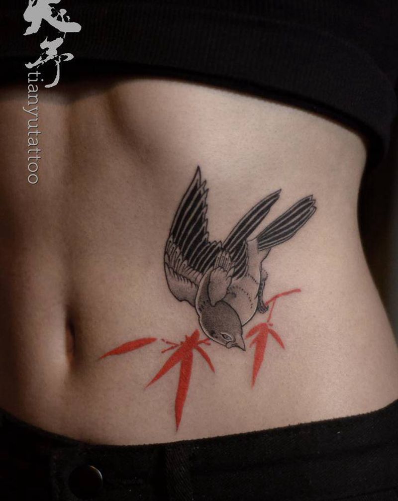 【传统作品】麻雀与竹子纹身图片_腰部老传统新传统纹身图案