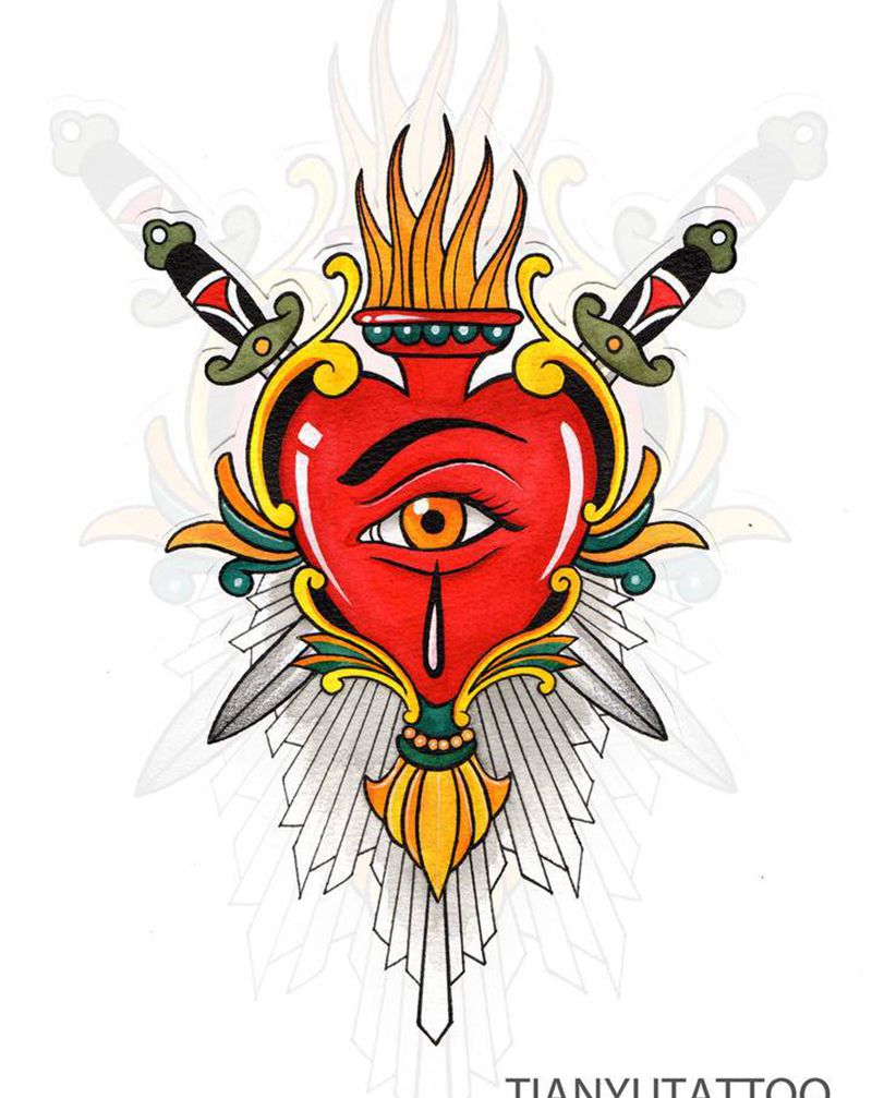 【手稿可约】勇敢的心纹身图片_Old School纹身图案