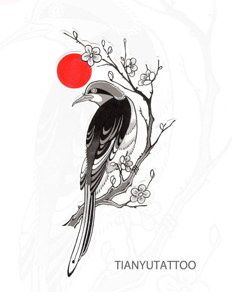 【手稿可约】梅花与雀纹身图片_老传统新传统纹身图案