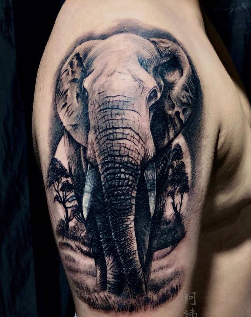 大象纹身图片_手臂肩部欧美写实大象遮盖动物纹身图案
