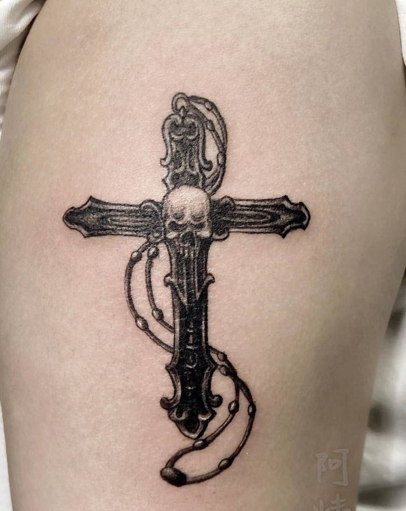 骷髅十字架纹身图片_手臂肩部几何欧美写实骷髅十字架纹身图案