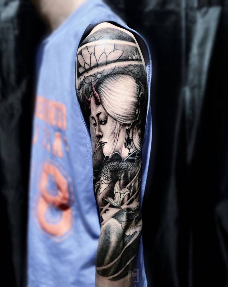 龙女未完纹身图片_手臂手部新传统老传统艺伎美女龙女纹身图案