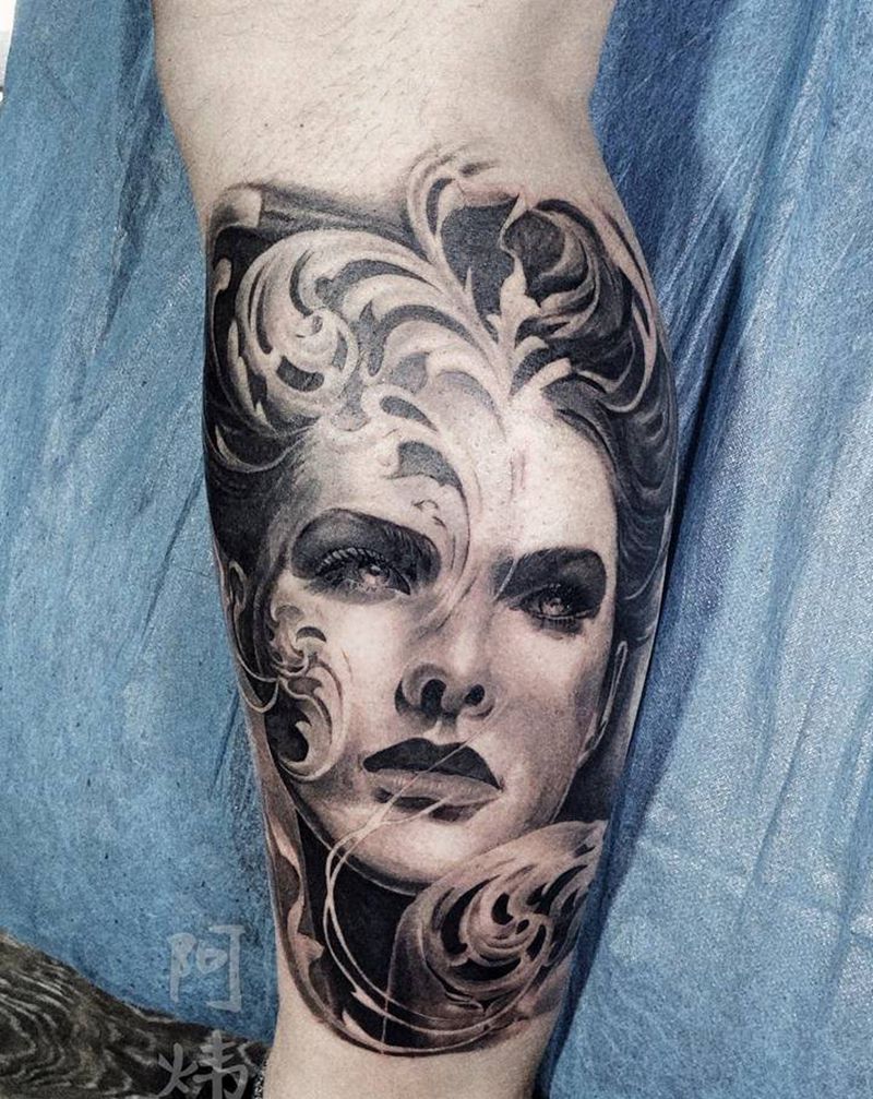 写实人物纹身图片_腿部脚部欧美写实人物美女素描纹身图案