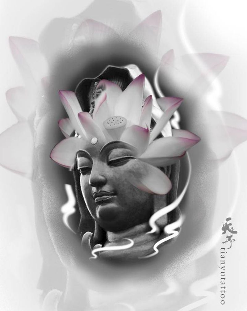 【手稿可约】佛首莲花纹身图片_水墨纹身图案