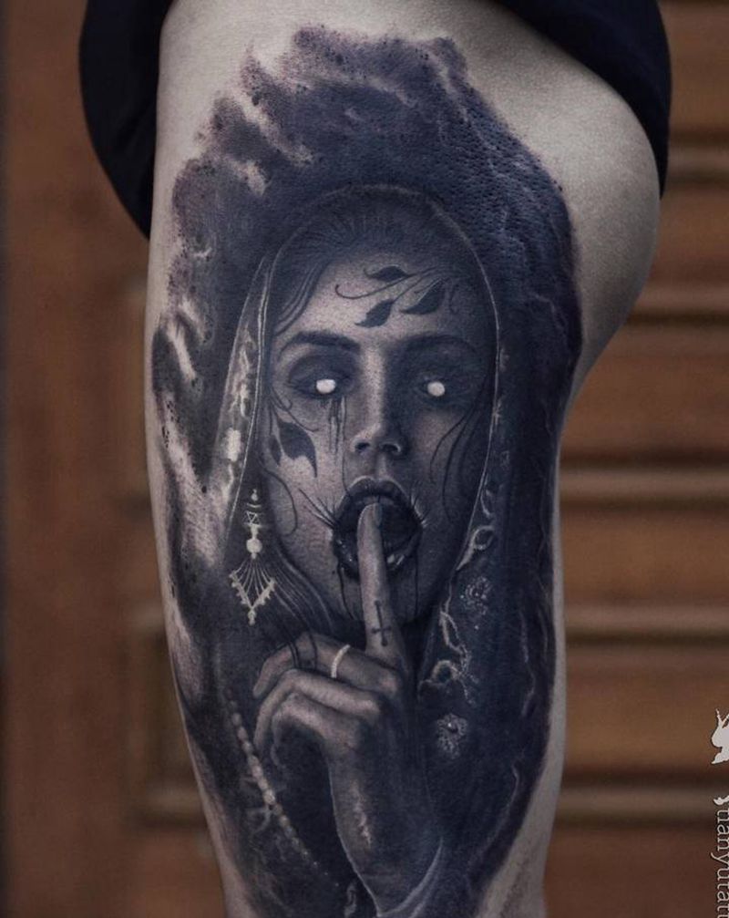 【每日作品】大腿写实风格纹身图片_腿部欧美写实纹身图案