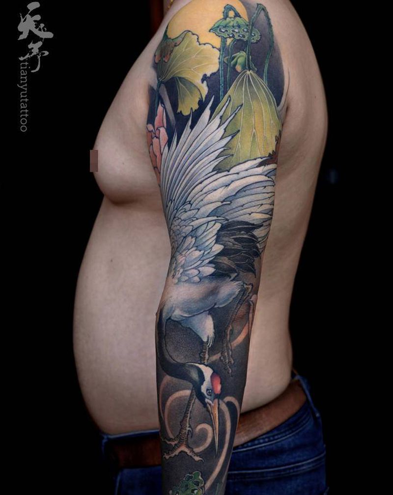 【传统作品】包臂仙鹤荷花纹身图片_手臂新传统老传统纹身图案