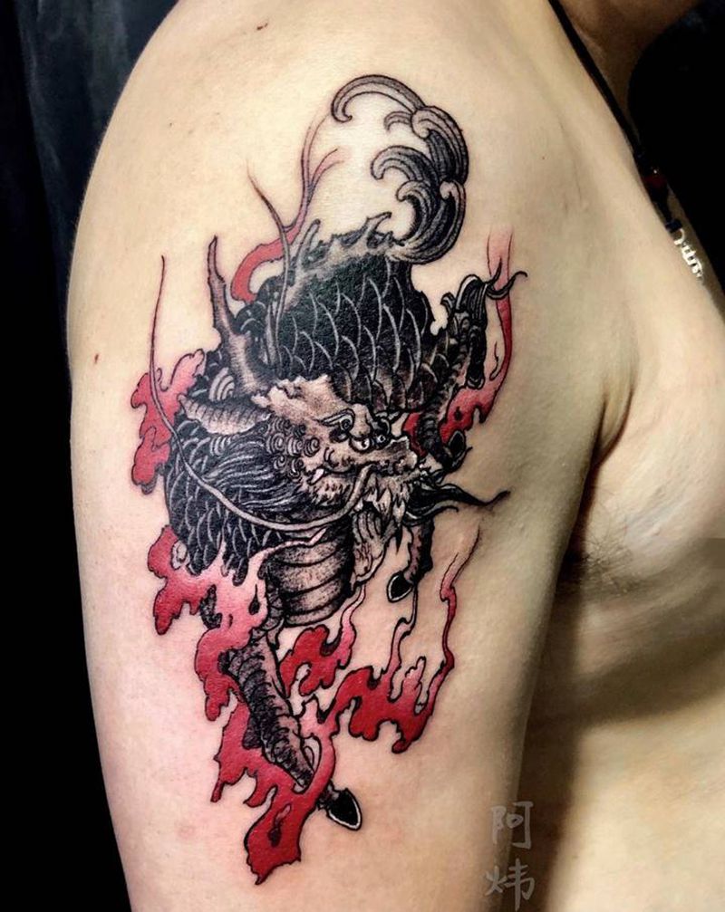 麒麟纹身图片_手臂肩部新传统水墨麒麟龙生九子纹身图案