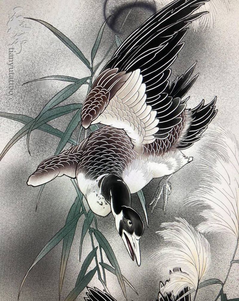 传统大雁包臂手稿纹身图片_手臂老传统新传统纹身图案