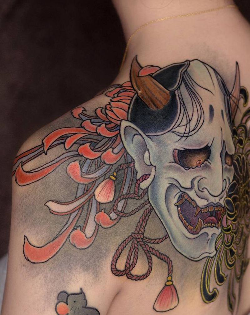 【每日作品】传统般若菊花纹身图片_背部老传统新传统纹身图案