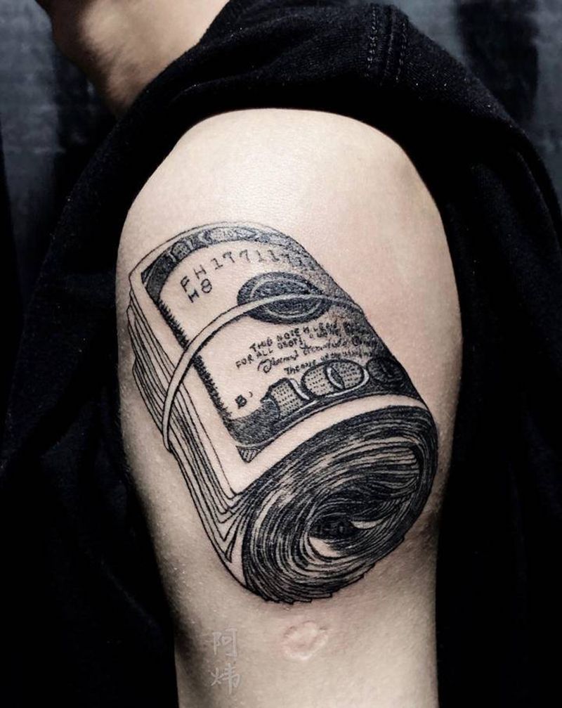 钞票纹身图片_肩部手臂几何点刺钱美元纹身图案