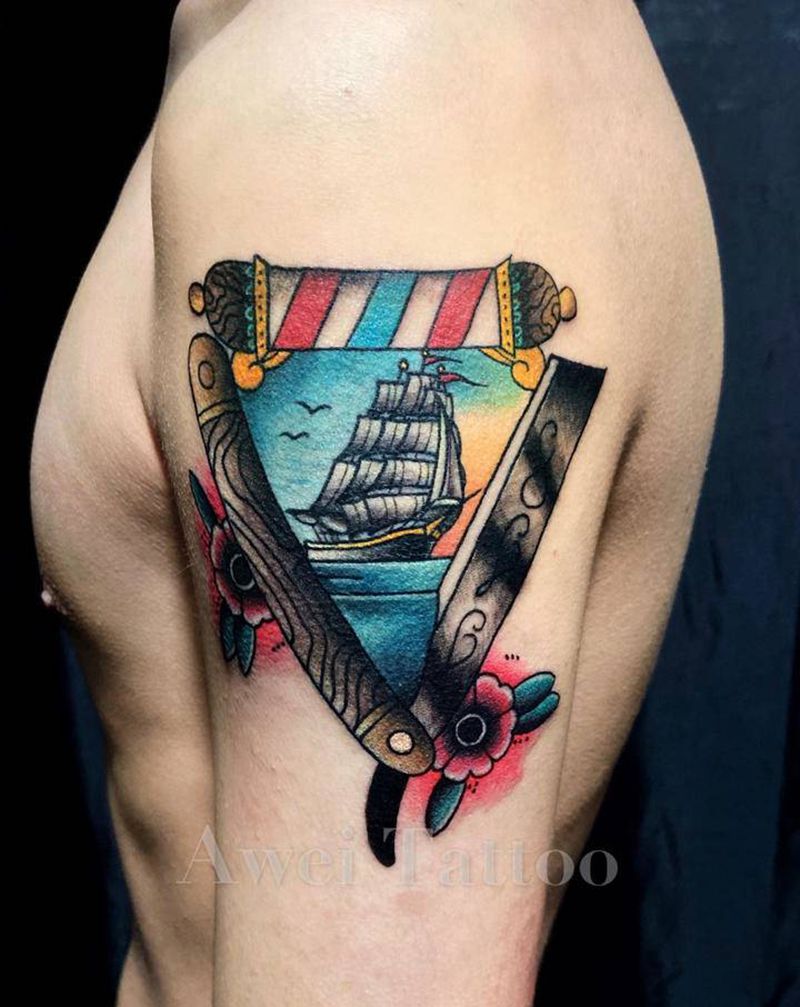 剃刀里的帆船纹身图片_手臂肩部Old SchoolNew School帆船美发三色灯理发剃刀纹身图案