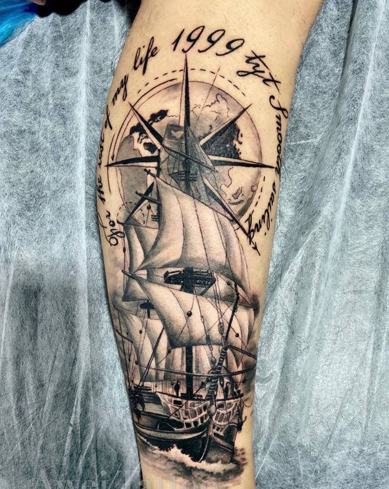 帆船纹身图片_腿部脚部欧美写实几何帆船海盗地球纹身图案