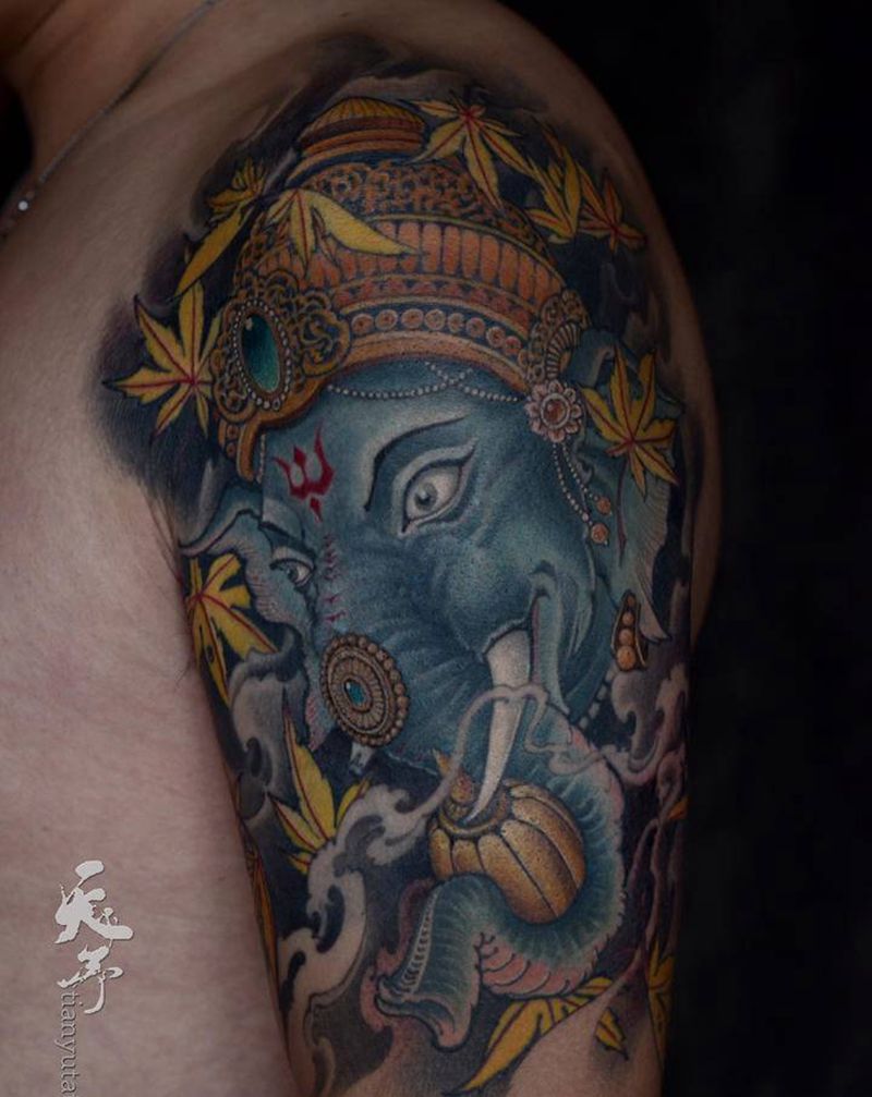 【每日作品】传统象神覆盖纹身图片_手臂老传统新传统纹身图案