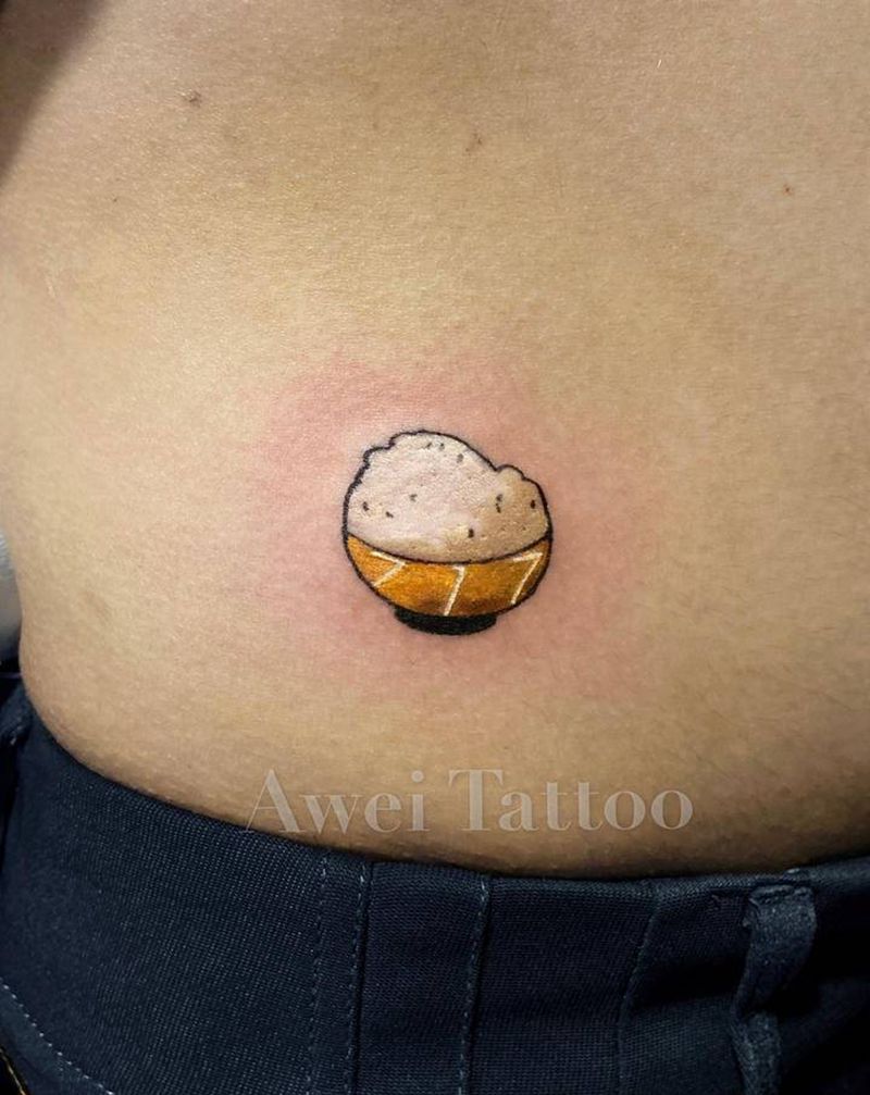 金饭碗纹身图片_腹部腰部水彩New School碗米饭金碗纹身图案