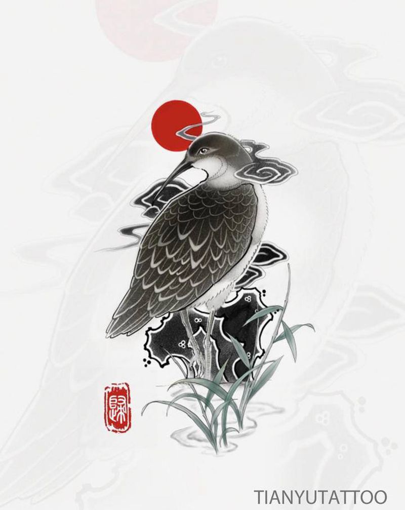【手稿可约】鹬鸟纹身图片_水墨纹身图案