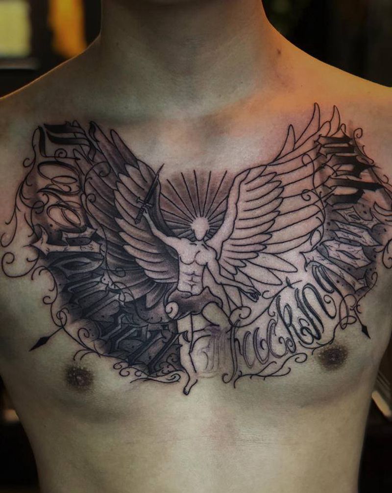 战斗天使纹身图片_胸部背部花体字Old School纹身图案