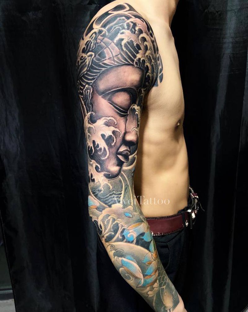 花臂佛纹身图片_手部手臂老传统新传统佛花臂鲤鱼纹身图案