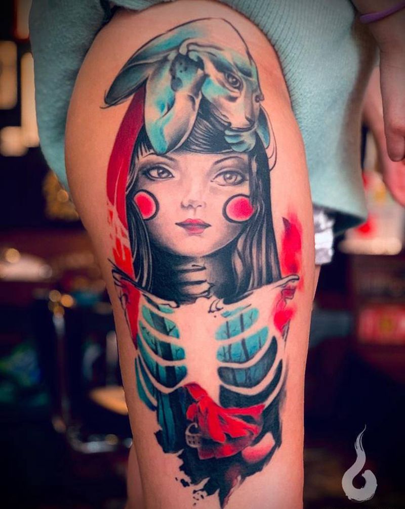 欧美彩色纹身图片_腿部New School欧美写实纹身图案