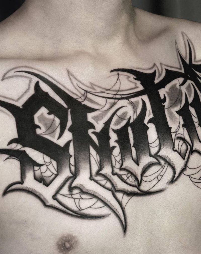 西安天予刺青花体字纹身作品纹身图片_胸部花体字纹身图案