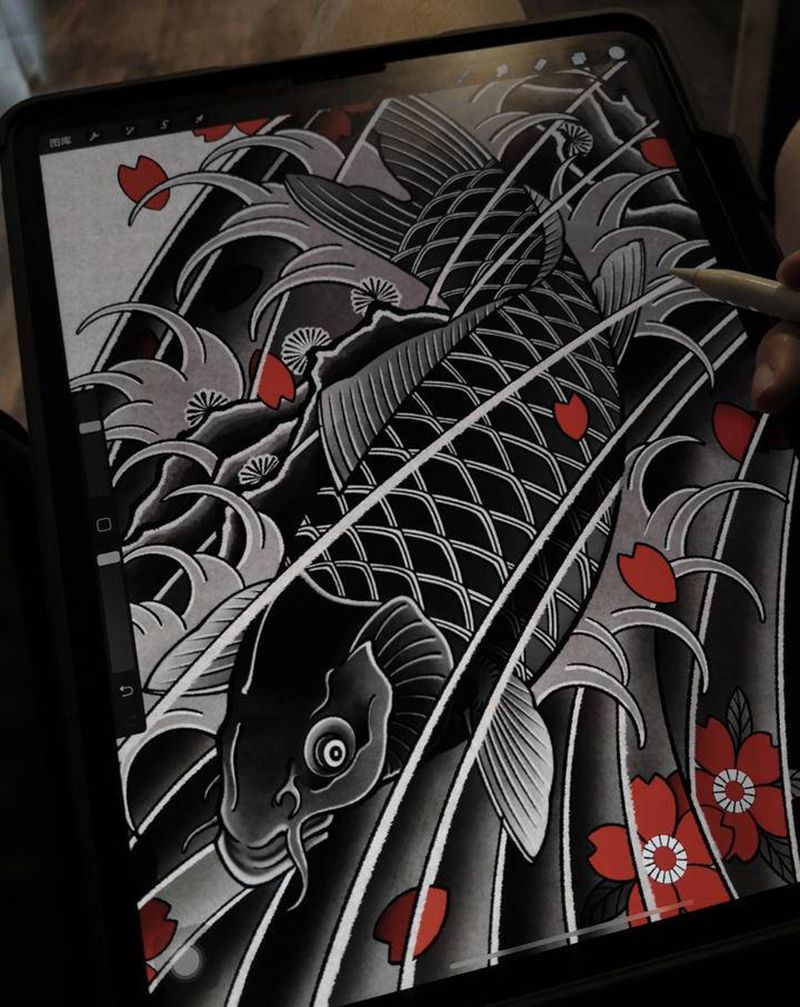 老传统鲤鱼遮盖客稿纹身图片_腿部老传统鲤鱼浪花樱花纹身图案