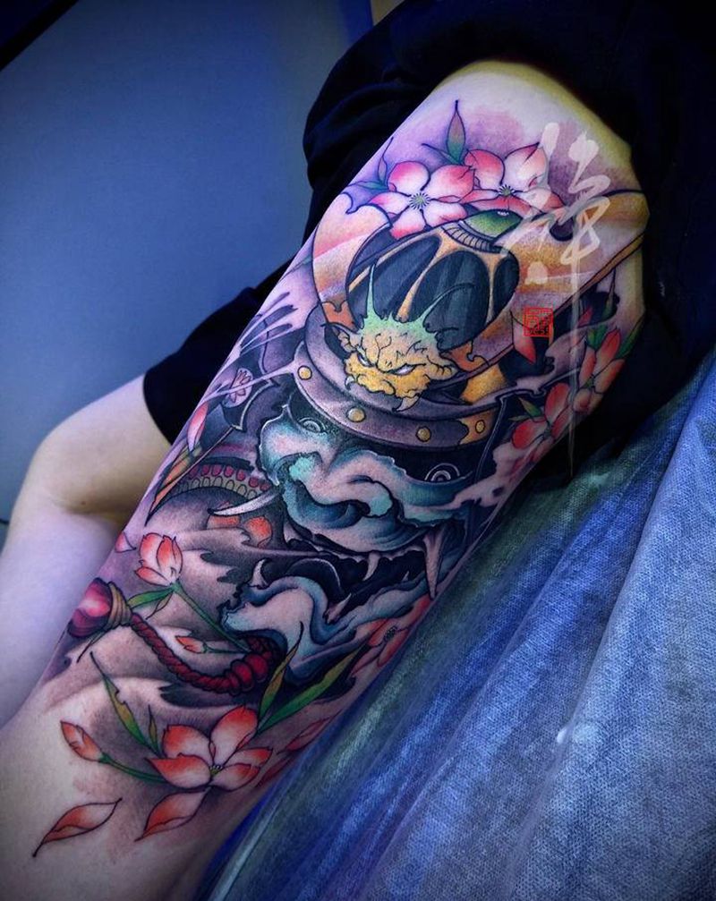 鬼武士纹身图片_腿部纹身图案