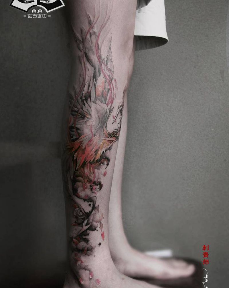 凤凰纹身图片_腿部水墨纹身图案